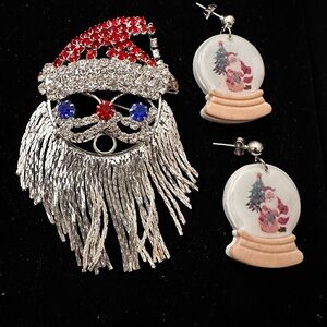 1970's dancing Santa Festive Santa Brooch and Earrings Set